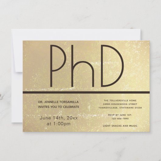 PhD graad Gold Brown Graduation Party Invitation Kaart (Voorkant)