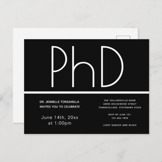 PhD-graad Graduation Party Invitation Black Briefkaart (Voorkant / Achterkant)