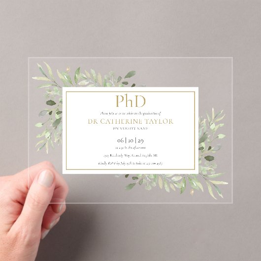 PhD Graad Groene Bloemen Goud Afstuderen Acryl Uitnodigingen (Insitu (Draagbaar))