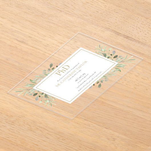 PhD Graad Groene Bloemen Goud Afstuderen Acryl Uitnodigingen (Laagn)