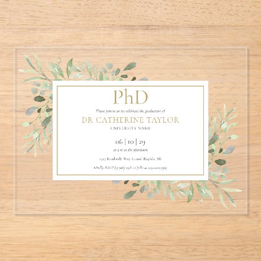 PhD Graad Groene Bloemen Goud Afstuderen Acryl Uitnodigingen (Voorkant)