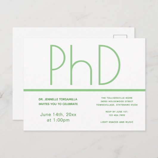 PhD-graad White Green Graduation Party Briefkaart (Voorkant / Achterkant)