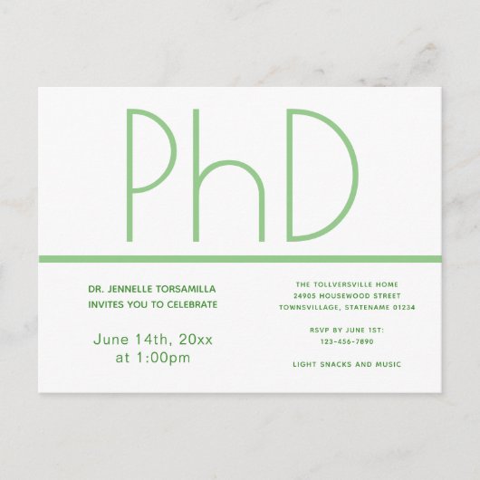 PhD-graad White Green Graduation Party Briefkaart (Voorkant)