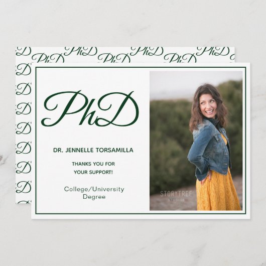 PhD-graad White Green Photo Script Aankondiging (Voorkant / Achterkant)