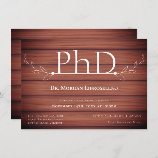 PhD-graad Wood Rustic Graduation Party Kaart (Voorkant / Achterkant)
