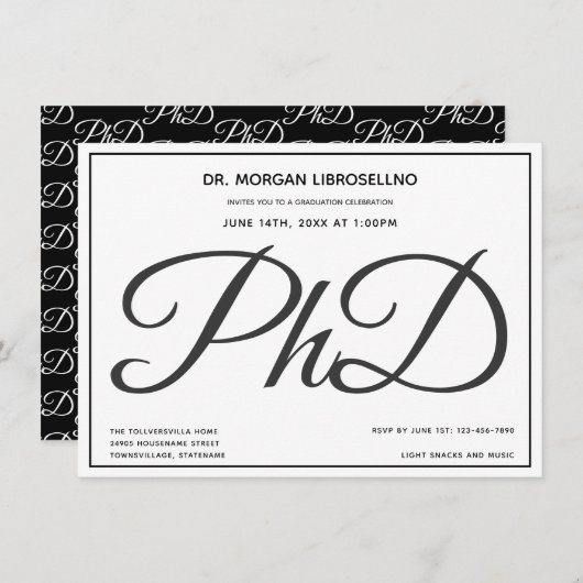 PhD graad Zwart Wit Afstudeerfeest Kaart (Voorkant / Achterkant)