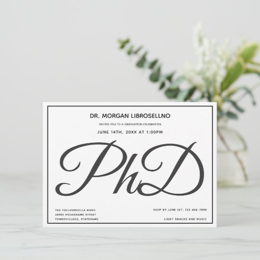 PhD graad Zwart Wit Afstudeerfeest Kaart (Staand voorkant)