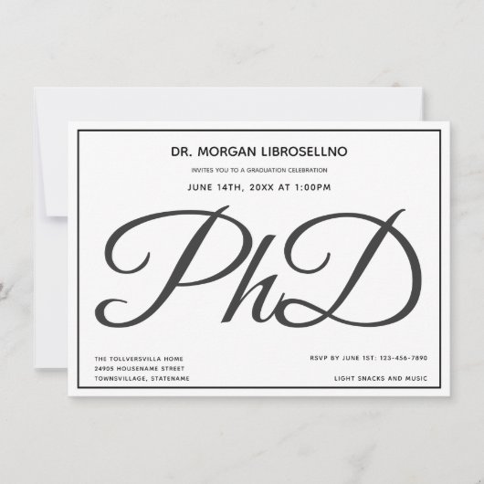 PhD graad Zwart Wit Afstudeerfeest Kaart (Voorkant)