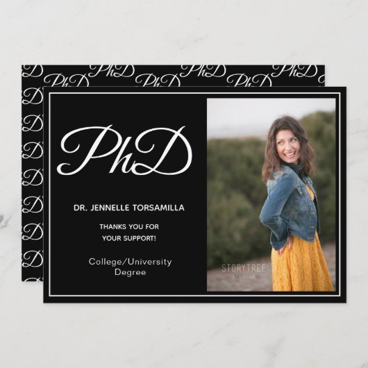 PhD-graad zwart, wit fotoscript Aankondiging (Voorkant / Achterkant)