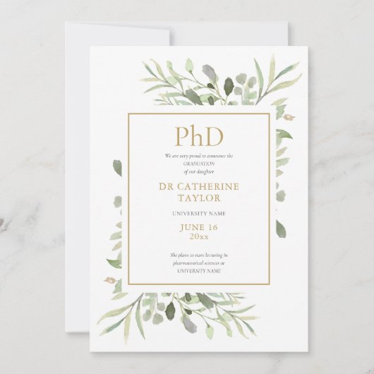 Phd Gradengrafie Waterverf Greenery Foto Afstudere Aankondiging (Voorkant)