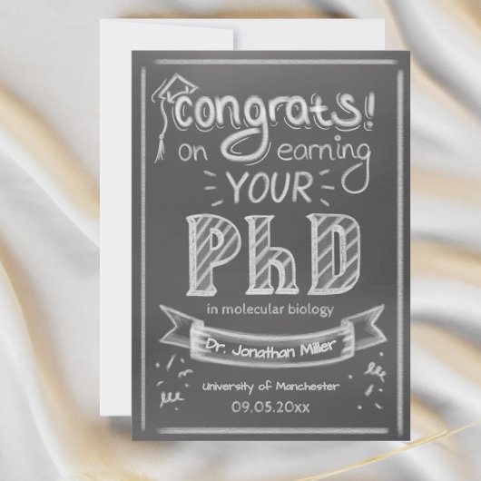 PhD graduation greeting card chalkboard university Bedankkaart