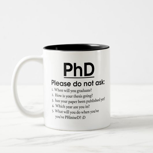PhD-vooruitgang - PhD, vraag het niet, Grappige Ph Tweekleurige Koffiemok (Links)