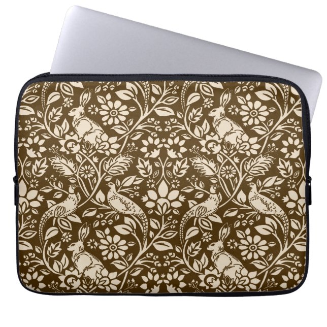 Pheasant and Hare Pattern, Brown and Beige Laptop Sleeve (Voorkant)
