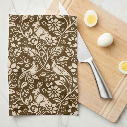 Pheasant and Hare Pattern, Brown and Beige Theedoek (Quarter Fold)