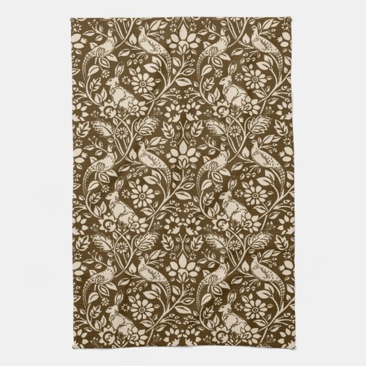 Pheasant and Hare Pattern, Brown and Beige Theedoek (Verticaal)