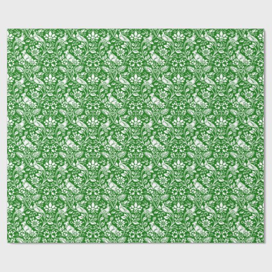 Pheasant and Hare Pattern, Emerald Green en White Cadeaupapier (Vlak)