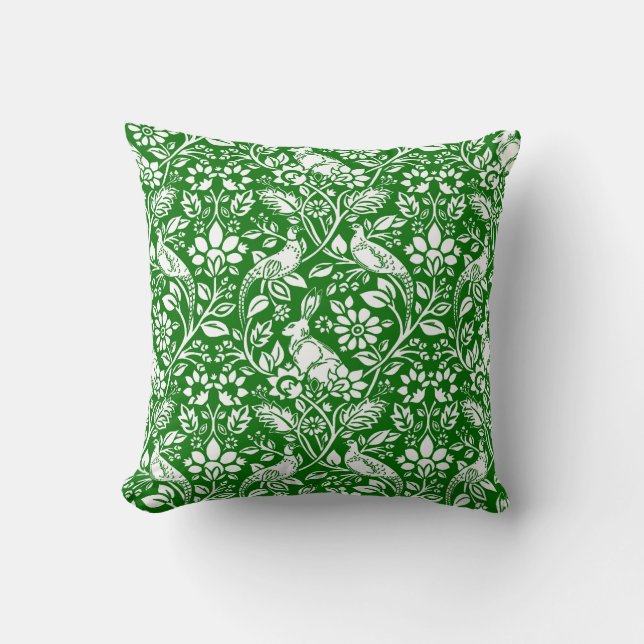 Pheasant and Hare Pattern, Emerald Green en White Kussen (Voorkant)