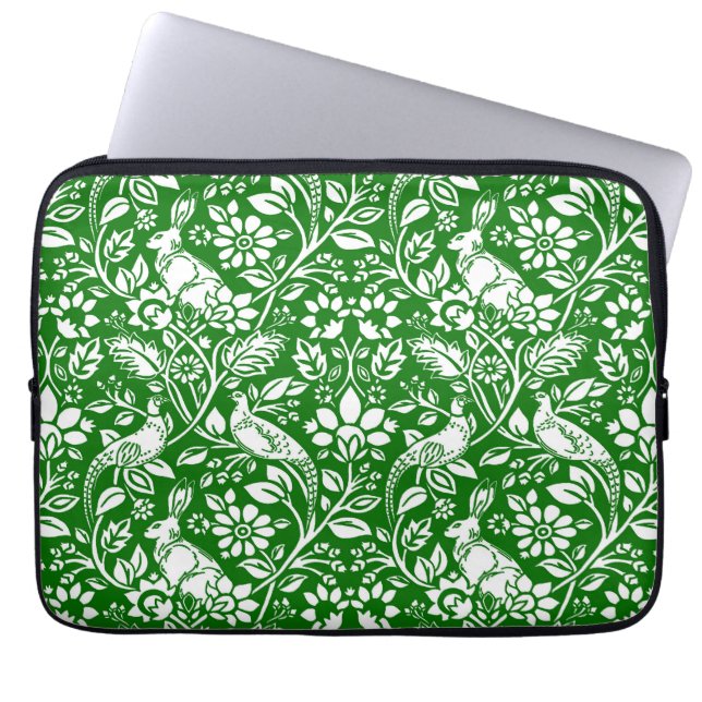 Pheasant and Hare Pattern, Emerald Green en White Laptop Sleeve (Voorkant)