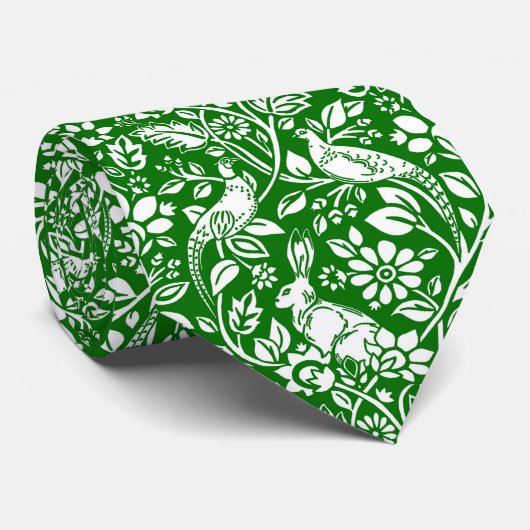 Pheasant and Hare Pattern, Emerald Green en White Stropdas (Opgerold)