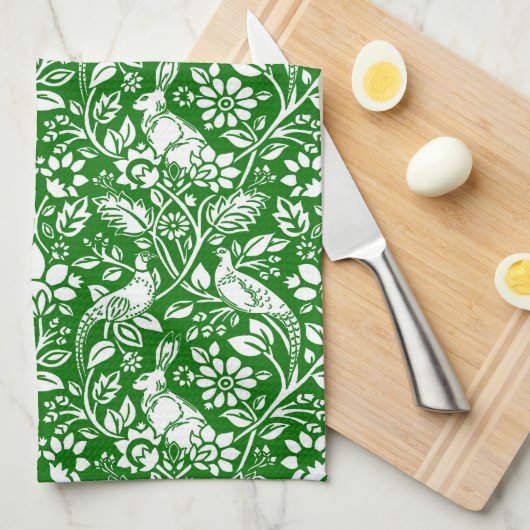 Pheasant and Hare Pattern, Emerald Green en White Theedoek (Quarter Fold)