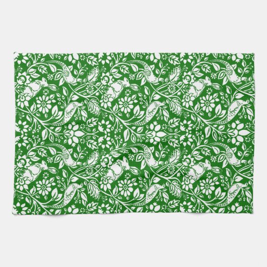 Pheasant and Hare Pattern, Emerald Green en White Theedoek (Horizontaal)