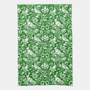 Pheasant and Hare Pattern, Emerald Green en White Theedoek