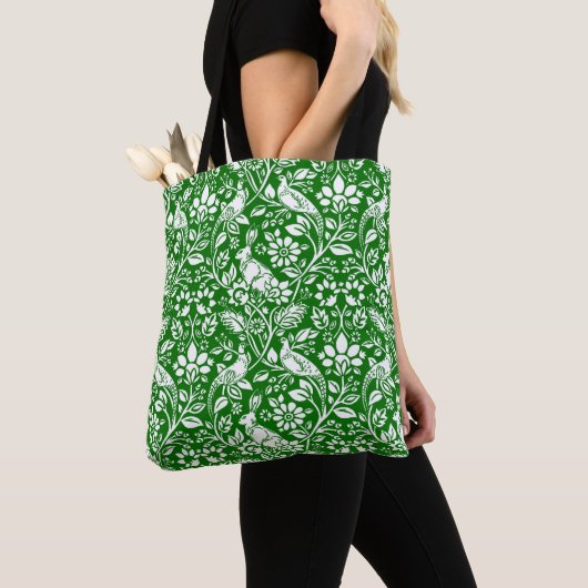 Pheasant and Hare Pattern, Emerald Green en White Tote Bag (Dichtbij)