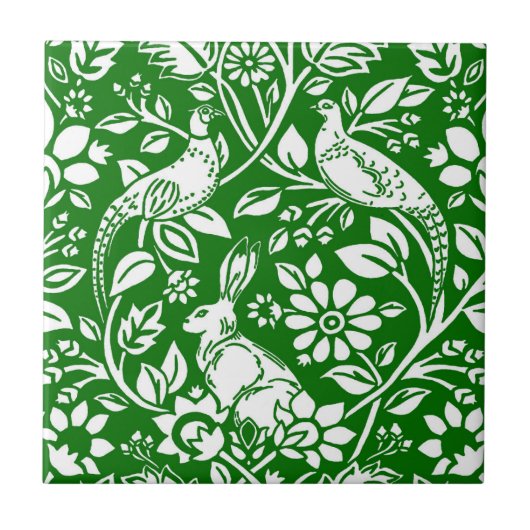 Pheasant and Hare Pattern, Emerald Green & White Tegeltje (Voorkant)