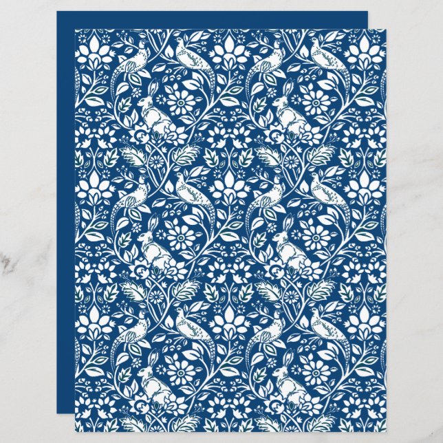 Pheasant and Hare Pattern, Indigo Blue en White (Voorkant / Achterkant)