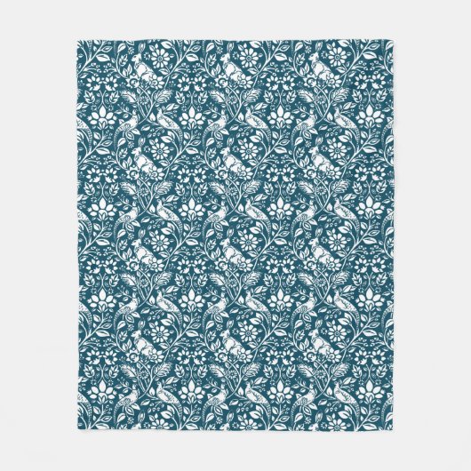 Pheasant and Hare Pattern, Indigo Blue en White Fleece Deken (Voorkant)