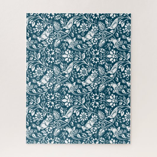 Pheasant and Hare Pattern, Indigo Blue en White Legpuzzel (Verticaal)