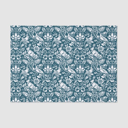 Pheasant and Hare Pattern, Indigo Blue en White Tissuepapier (Voorkant)
