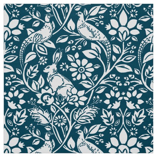 Pheasant and Hare Pattern, Indigo Blue & White Stof (Swatch)