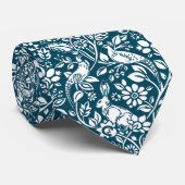 Pheasant and Hare Pattern, Indigo Blue & White Stropdas (Opgerold)