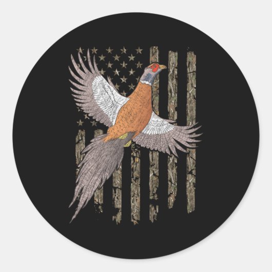 Pheasant Bird Hunting US American Flag Tree Camou Ronde Sticker (Voorkant)