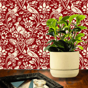 Pheasant en hare Patroon, diep rood en crème Behang