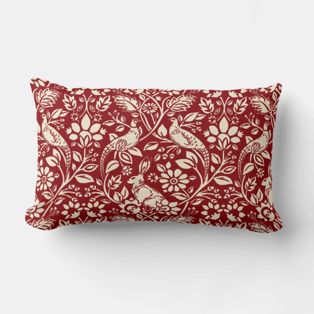 Pheasant en hare Patroon, diep rood en crème Kussen (Voorkant)