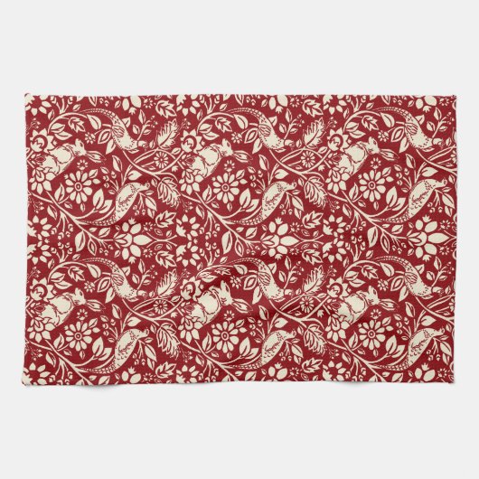 Pheasant en hare Patroon, diep rood en crème Theedoek (Horizontaal)