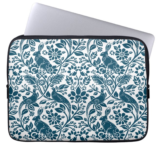 Pheasant en hare Patroon, wit en donkerblauw Laptop Sleeve (Voorkant)