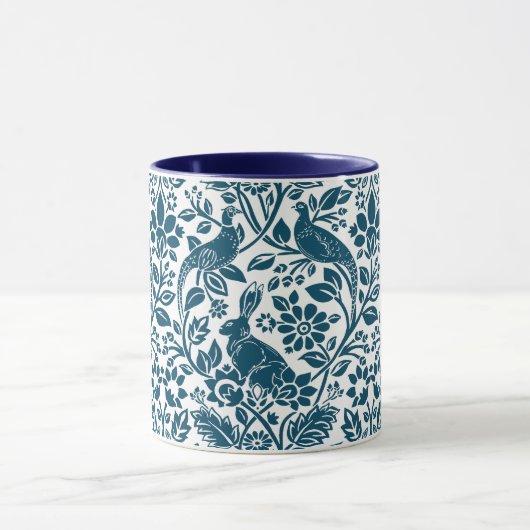 Pheasant en hare Patroon, wit en donkerblauw Mok (Midden)