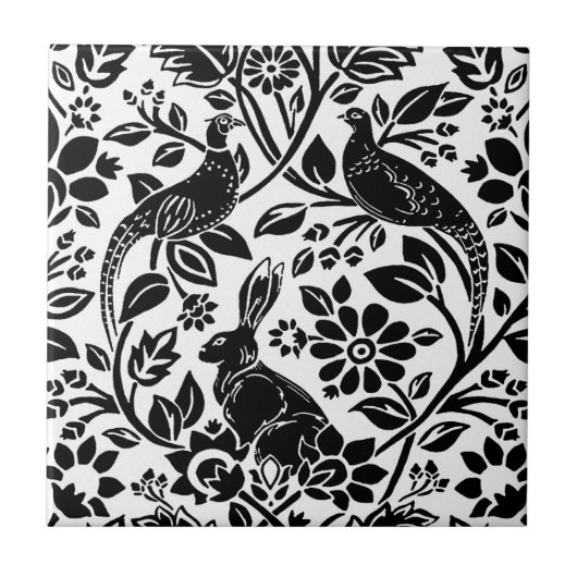 Pheasant en hare Patroon, wit en zwart Tegeltje (Voorkant)