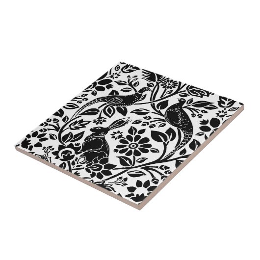 Pheasant en hare Patroon, wit en zwart Tegeltje (Zijkant)