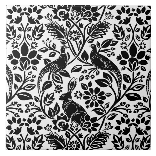 Pheasant en hare Patroon, wit en zwart Tegeltje (Voorkant)