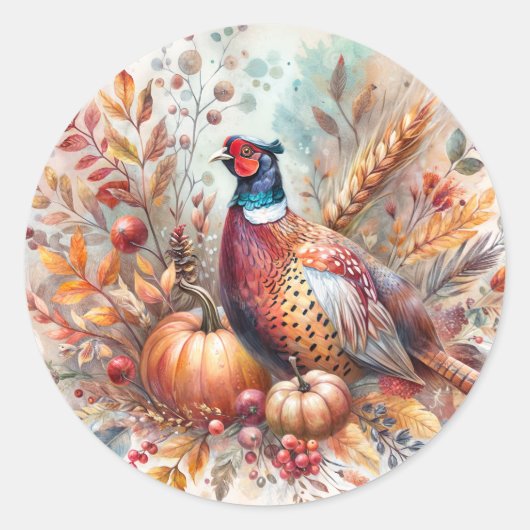 Pheasant Herfst Thema met pompoenen Ronde Sticker (Voorkant)