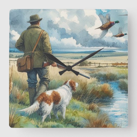 Pheasant Hunter met Dog Wildlife Wall Clock Vierkante Klok (Voorkant)