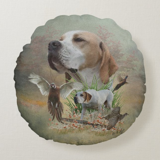 Pheasant Hunting met pointers, kunst Rond Kussen (Voorkant)