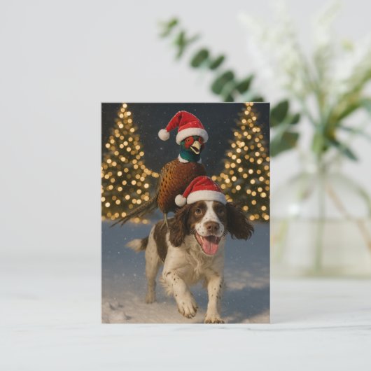 Pheasant on Springer Spaniel Christmas postcard Briefkaart (Staand voorkant)