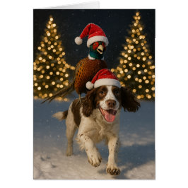Pheasant riding Springer Spaniel Christmas card