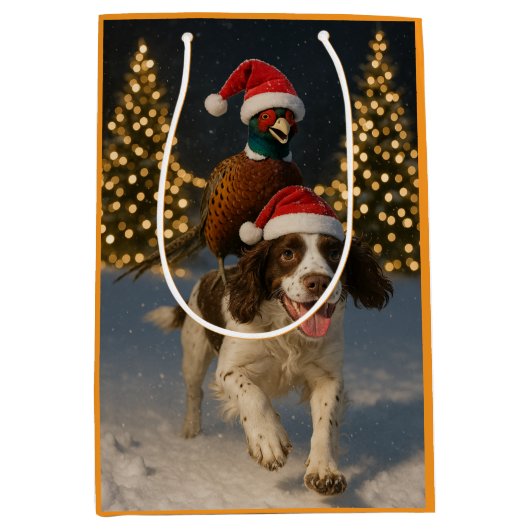 Pheasant riding Springer Spaniel Christmas card Medium Cadeauzakje (Voorkant)