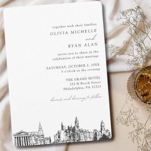 Philadelphia bruiloft elegante skyline uitnodiging